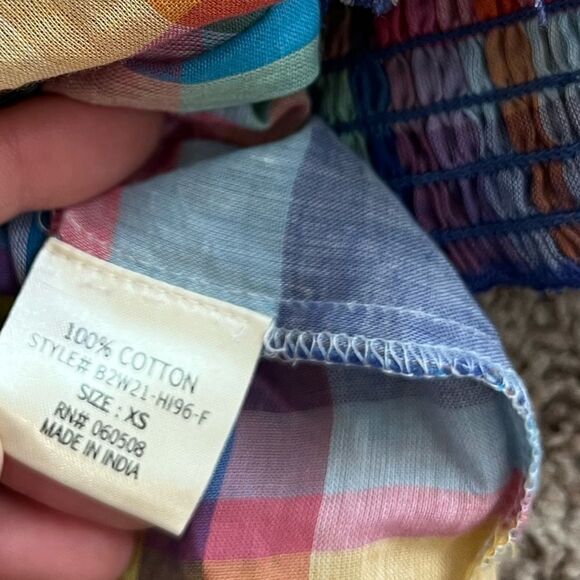 Mi Ami Colorful Plaid Preppy Peplum Smocked Ruffle Flutter Sleeve Blouse Sz XS - Picture 7 of 11